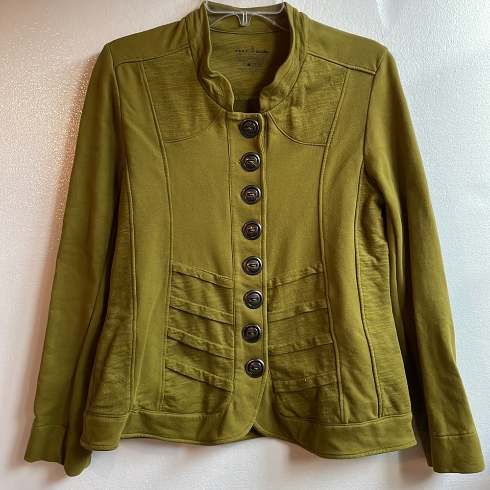 Neon Buddha heavy weight knit button front mock neck military style jacket lg